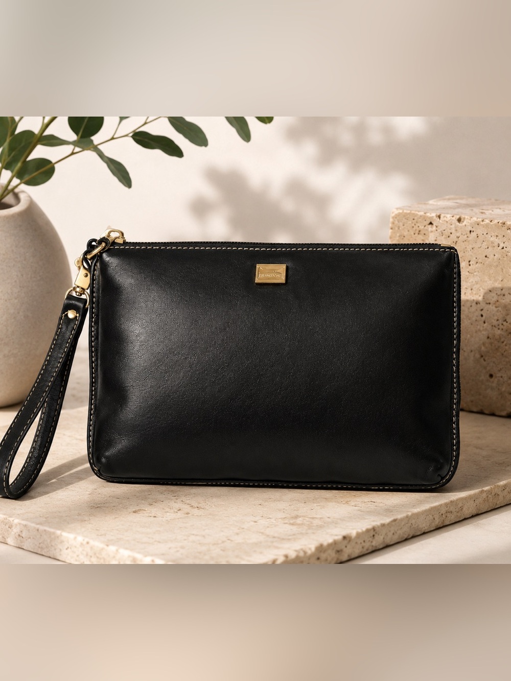 Perlina Black Leather Wristlet with Gold Plaque